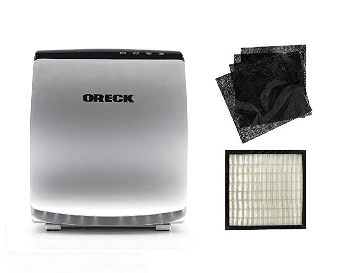 Oreck AirVantage ELITE True HEPA and Charcoal Air Purifier and Allergen Remover For Small To Medium Sized Room + Extra 6 month HEPA, 2 Extra Odor Filters (Platinum)
