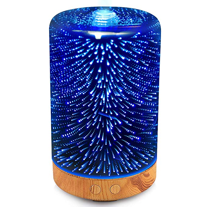 Aokey Aroma Essential Oil 3D Glass Diffuser 100ml Ultrasonic Cool Mist Humidifier with 3D Effect and 16 LED Night Light Color Changing Starburst for Office Home Bedroom Living Room